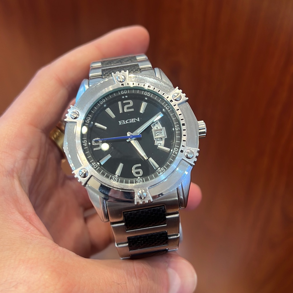 Elgin Watch Stainless Steel Black Dial Watch
